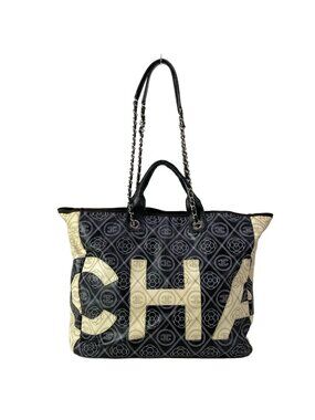 Chanel Tote Large Shopping Black Ivory 2-Way Chain Shoulder Silver Leather